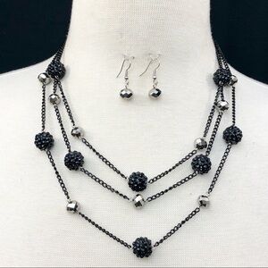 3 Row Layered Black Necklace Earrings Set